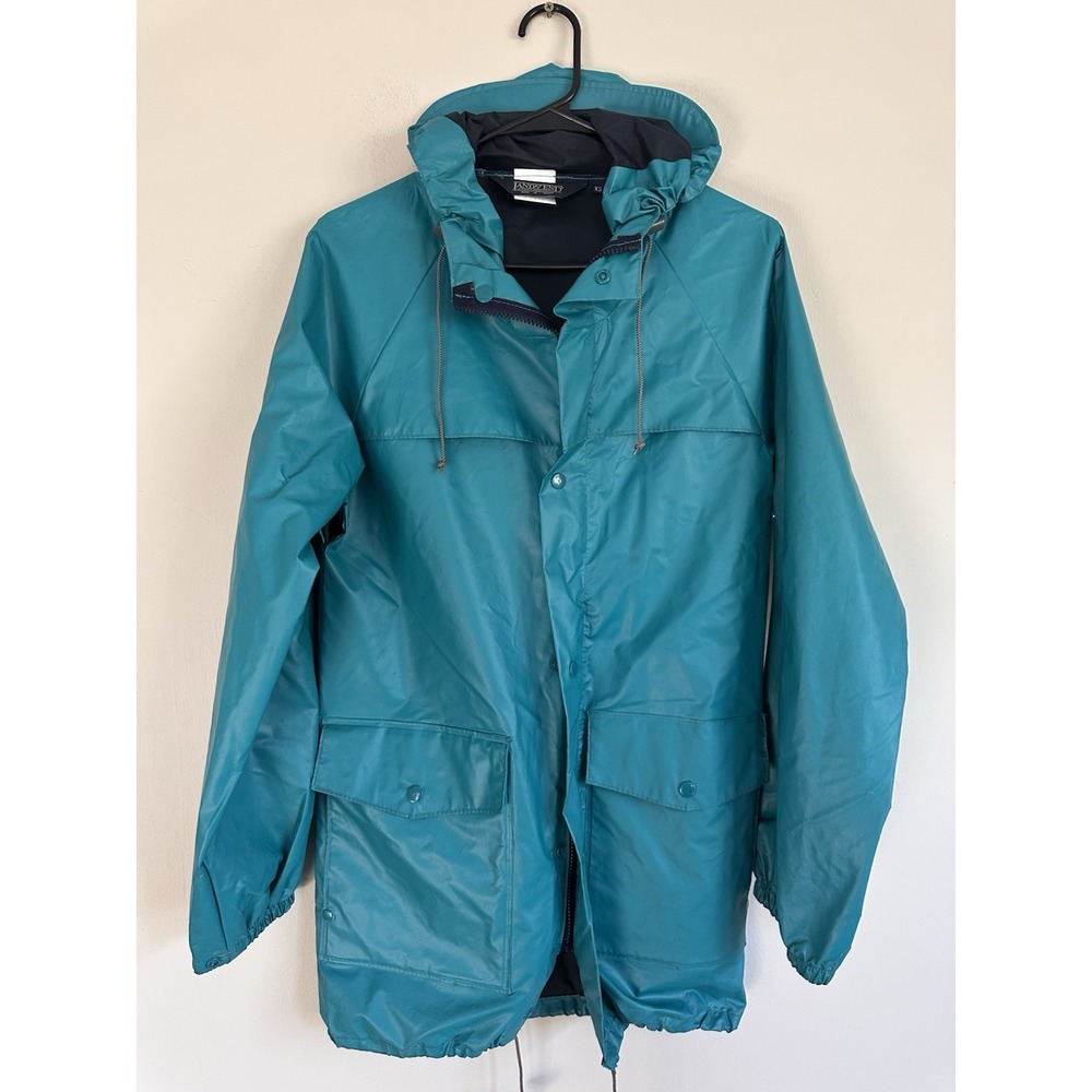 Vintage Lands End Jacket Women's XS Teal Hooded PVC Rain Parka 90s Purple Lined